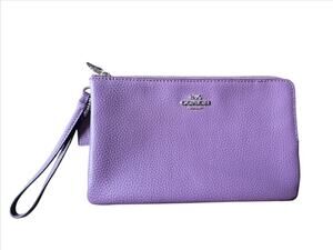 Coach F87587 Double Zip Wallet Wristlet Purple Pebbled Leather Clutch Organizer